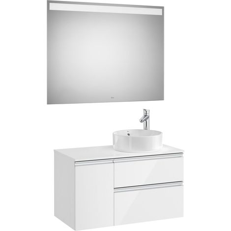 Pack mueble de 2 cajones para lavabo sobre encimera y espejo LED THE GAP - ROCA Color: Blanco - Posición del lavabo: Derecha