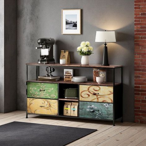 Mobile TV - Buffet Moderno - Illuminazione LED 65000 Colori - 4 Cassetti in Tessuto - Rovere/Nero 137x30x78cm