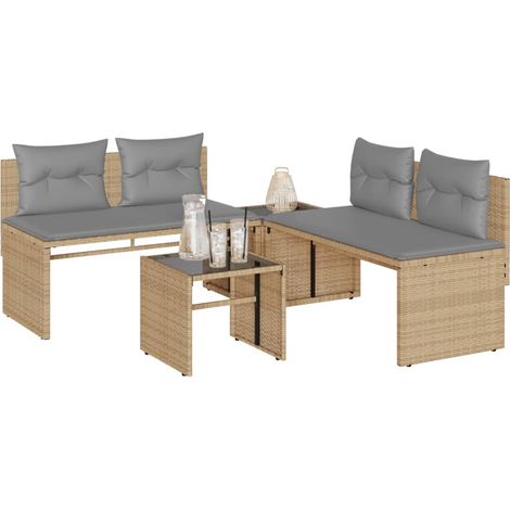4-tlg. Garten-Sofagarnitur mit Kissen Beige Poly Rattan