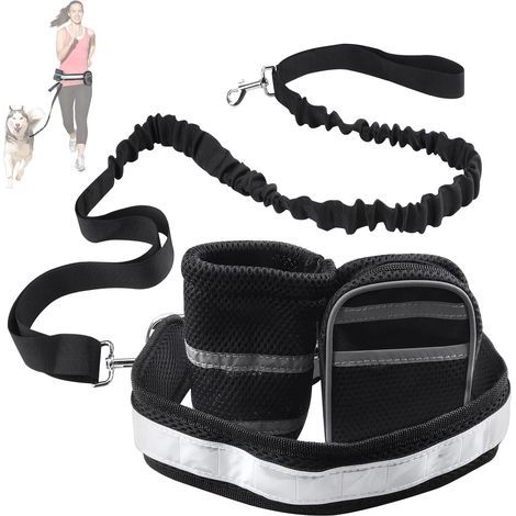 Kit de Laisse de Chien Courir Idéal pour Course à Pied , Jogging et Marche --Laisse Mains Libre , Deux Pochettes , Ceinture Réglable Haute noir (1/5)