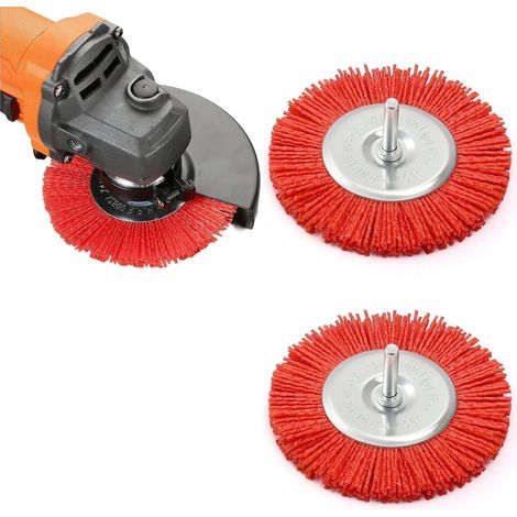 Rond Brosse pour Meuleuse D'angle Ø 100 mm, 2 Pièces Brosse Nylon Perceuse, Rouge Brosses Nylon Circulaire, Brosses Fil Abrasif avec Tige Ø 6 mm, pour Enlever Bavures, Rouille et Peinture (1/5)