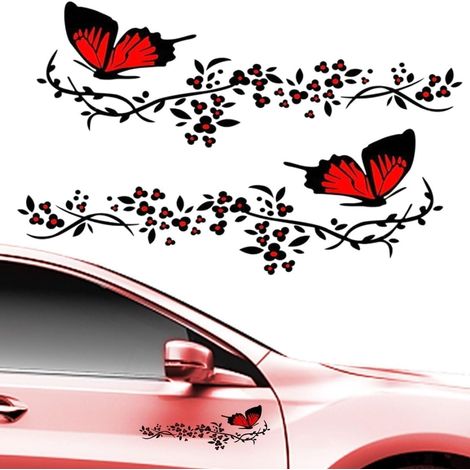2pcs Car Stickers, Vehicle Decals, Car Stickers, Flower and Butterfly Pattern Stickers, Flower & Butterfly Stickers for Cars, Suitcases, Walls (Red and Black) (1/5)