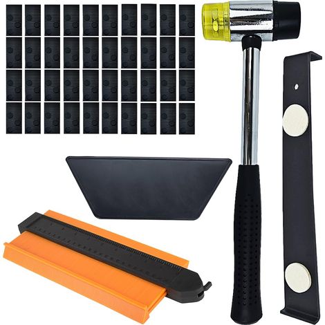 Kit de pose pour sols stratifiés avec cale filetée, barre de traction, marteau, jauge de contour et 40 entretoises (1/3)