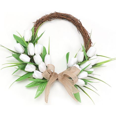 Türkranz zum Aufhängen, künstliche Blumen, Frühlingsdekoration, weiß mit Rattanring (1/5)