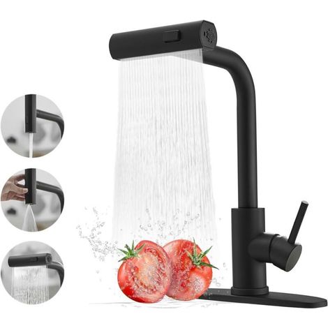 Robinet de cuisine noir avec douchette extractible, robinet d'évier de cuisine cascade, robinet de cuisine commercial en acier inoxydable, robinet d'évier de cuisine à poignée unique (1/5)