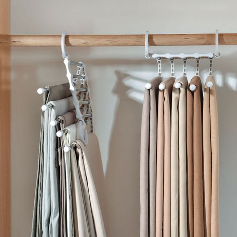 Grand porte-pantalons multifonctionnel en acier inoxydable, pince à pantalons, cintre, rangement, porte-pantalons télescopique pliable, étendoir à linge - Blanc (1/5)