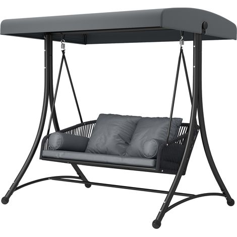 Balancelle de jardin Hollywood Swing 2 places en rotin avec pare-soleil réglable, coussin moelleux, structure en A, gris foncé (1/5)