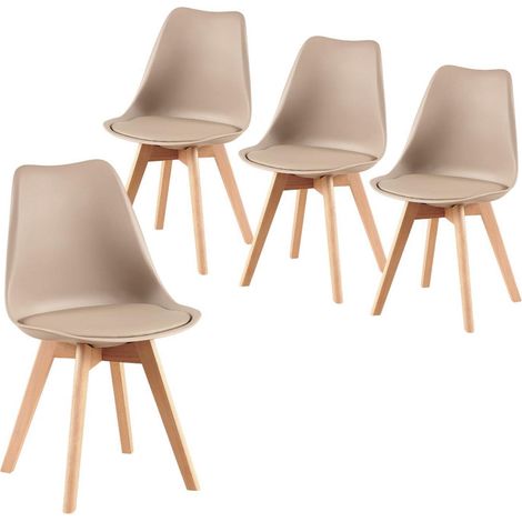 Esszimmerstühle 4er Set Skandinavisch Retro mit PU-Leder Sitzkissen, Buche Massivholzbeine, Helles Khaki (1/5)