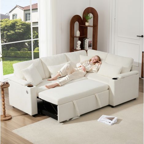 Canapé d’angle convertible en chenille beige 206,5x141x86 cm, méridienne droite fixe, rangement et port USB (1/5)