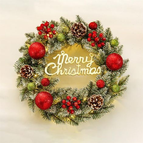 Künstlicher Weihnachtskranz, 40 cm, mit Tannennadeln, Beeren und Schneeflocken - festliche Dekoration, geeignet für den Innen- und Außenbereich, mit Lichtern - Weihnachtsdekoration.