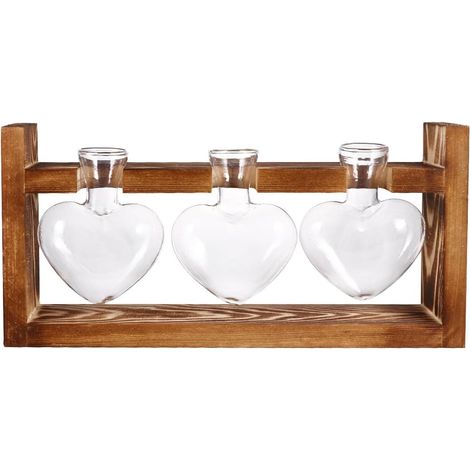 en Verre de Cœur Jardinière Hydroponique Lot de 3 avec Support en Bois Rétro Facile à Nettoyer pour Anniversaires pour Branches et Tulipes, Décoration Intérieure (1/5)