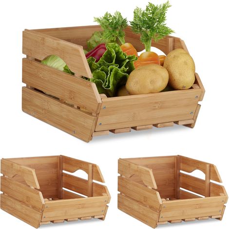 Relaxdays Versatile Bamboo Stacking Crate, Set of 3, Wooden Storage Box, Sturdy, Shabby, HxWxD: 20.5x27x38 cm, Natural