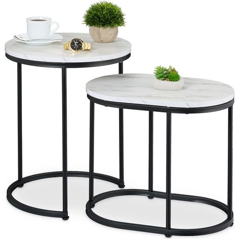 Relaxdays Nesting Tables, 2-Piece Set, 2 Sizes, Marble Effect, Metal Legs, Round & Oval, Living Room, Sofa, White/Black