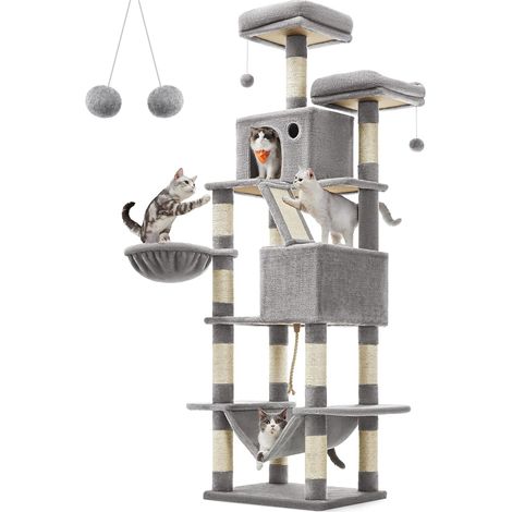 Feandrea – Arbre à chat multi-niveaux 206 cm – 13 griffoirs en sisal – 2 niches et 2 plateformes – Panier et hamac inclus – Tissu peluche gris clair