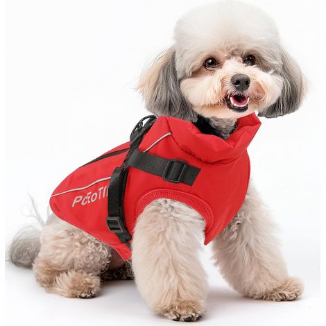 Manteau Chien Imperméable avec Harnais Veste d'hiver Rembourrée Polaire Réfléchissante pour Chiens Petits et Moyens Ajustable Coupe-vent Rouge (1/5)
