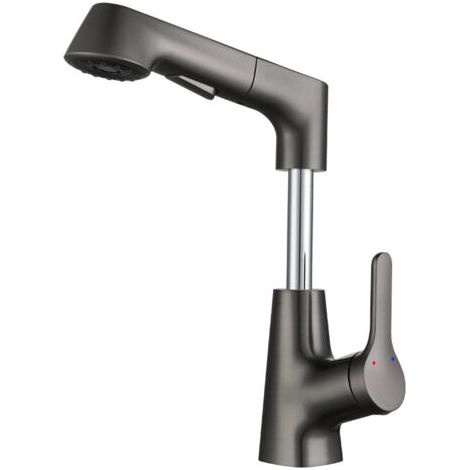 royaluxe -Robinet de lavabo de salle de bain avec pulvérisateur rétractable Robinet d'évier double mode chaud et froid Robinet de lavabo monotrou, gris bronze (1/5)