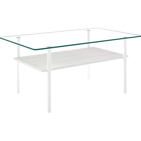 Tavolino da salotto moderno in vetro temperato con ripiano MDF e struttura metallica bianca (1/5)