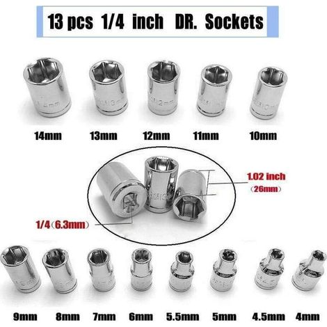 Jeu de Clés à Douilles, 46pcs 1/4" Clé à Cliquet Avec Boîte à Outils,4-14mm Cr-V Clé à Douilles, Embouts de Tournevis,Barres D'extension pour la Mais (1/3)