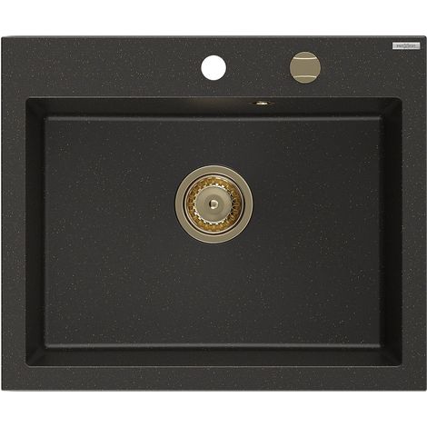 Mexen Elix fregadero de granito de 1 cubeta 600 x 500 mm, negro/dorado metálico, sifón dorado - 6525601005-75-G (1/5)