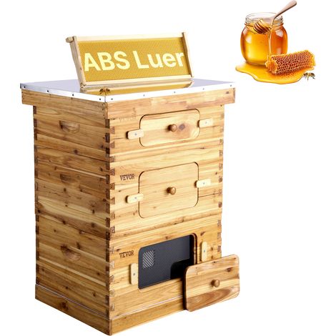 VEVOR Ruche deabeilles, 30 cadres, bois de sapin enduit de cire deabeille, 2 boites profondes 1 moyenne, kit ruche Langstroth, fenetres acrylique transparent fondations pour apiculteurs pro debutants
