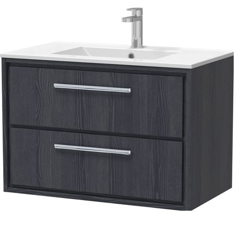 Longnor 2 Drawer Wall Hung Vanity Unit with 1 Tap Hole Minimalist Basin, Woodgrain Graphite Grey, 800mm (1/4)