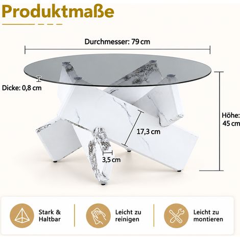 Table basse ronde moderne Ø 79 cm, plateau verre fumé, base blanche aspect marbre avec cadre croisé géométrique, hauteur 45 cm (1/5)