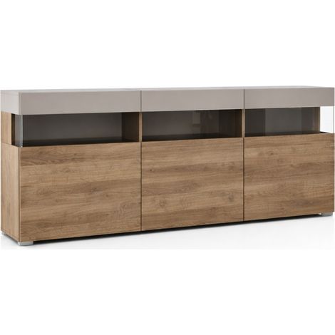 Madia Soggiorno Con 3 Ante Push-Pull E 3 Vani A Giorno In Vetro Mobile Credenza Moderna Per Zona Living Design Industrial Contemporaneo 180 x 41.2 x 80 Cm Noce E Cashmere
