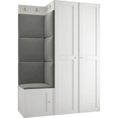 Meuble d'entrée Hartford 379, Blanc, 186x116x46cm, MDF, Stratifié, Tissu, Murale, À poser