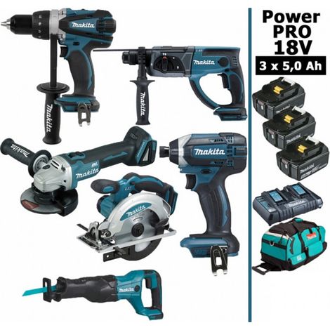 Pack Makita Power PRO 6 outils 18V: DDF458 + DGA504 + DTD152 + DHR202 + DSS610 + DJR186 + 3 batt 5Ah + sac (1/9)