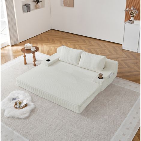 Canapé-lit convertible 2 en 1 en velours côtelé avec porte-gobelets, poches latérales et 2 coussins, 180×85-170×62 cm, beige (1/5)