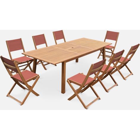 Conjunto de muebles de jardín extensible - Almería - 180/240cm 8 sillas, en madera de eucalipto FSC y textilene terracota