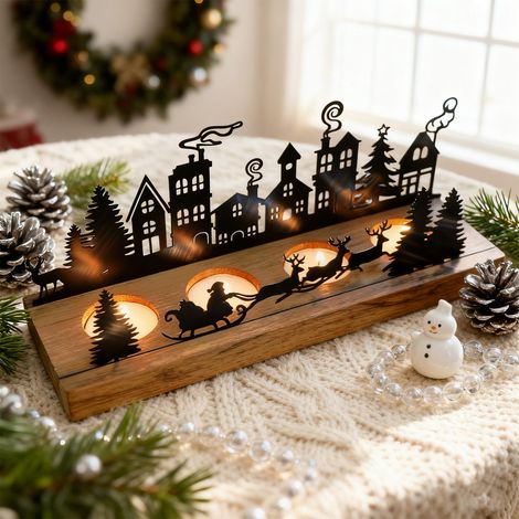 Couronne de l'Avent Chandelier Moderne, Arrangement de Noël Allongé Photophore Bougeoir avec Porte-Bougies en Bois, Plateau de Bougies pour Décoration de Noël sur Table Cadeau (1/5)