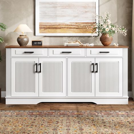 Buffet 160 x 40 x 75 cm - 4 portes rainurées - 3 tiroirs - étagères fixes - MDF blanc (1/5)