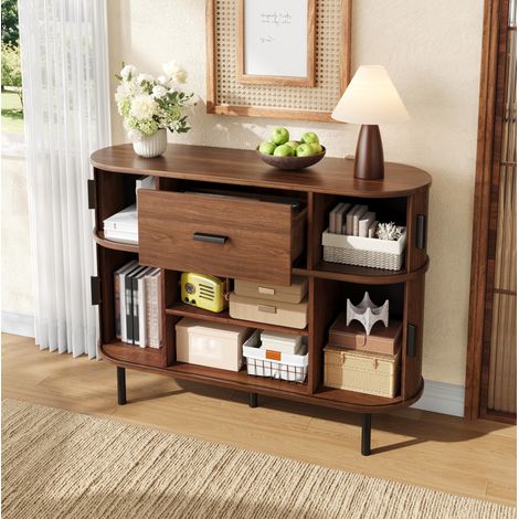 Aparador con puertas correderas y cajón central, mueble de recibidor, 110x35x81,5 cm, MDF color nogal (1/5)