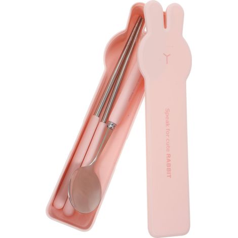Set tragbares Metallbesteck, bestehend aus chinesischen Löffeln, Essstäbchen und wiederverwendbaren Löffeln im Edelstahlgehäuse, Cartoon-Design, Südkorea, rosa (1/4)
