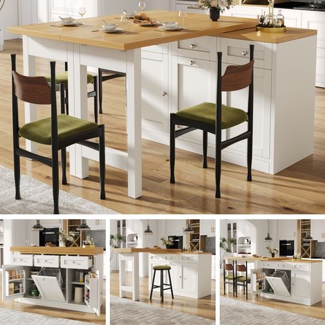 Table bar extensible avec rangement, table repas pliante avec tiroir, étagère snack et support poubelle sans seau - Blanc