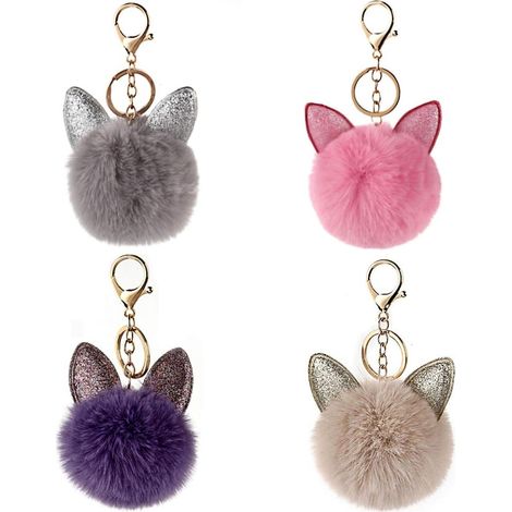Porte-clés, Porte-clés Fluffy Ball Rabbit Porte-clés Peluche Pompom Ball Bag Charms, Lot de 4, (1/5)