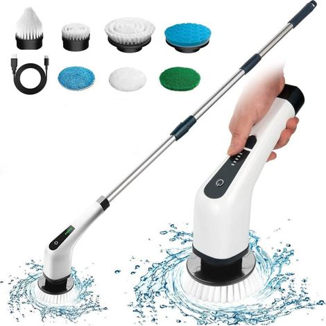 Brosse de Nettoyage électrique,avec 7 têtes de Brosse et rallonge, Spin Scrubber Brosse Rotative Nettoyage Électrique pour Les Coins, la Salle de Bain,Les Toilettes,Le Nettoyage du carrelage