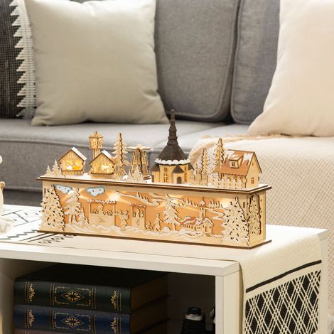 HOMCOM Village de Noël Lumineux en Bois Décoration de Noël Maison miniature sur table avec 10 LED Blanc Chaud - 45 x 10 x 25 cm