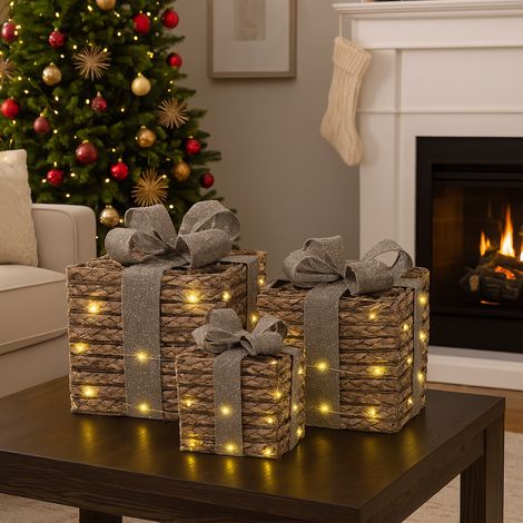 Regali natalizi in metallo colore marrone con luci LED per decorazioni natalizie, set da 3 pezzi (1/4)