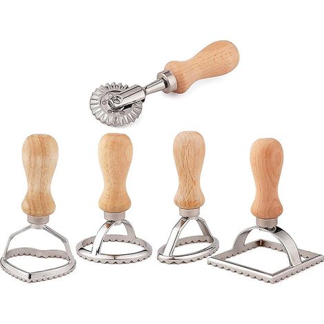 Ensemble de 5 emporte-pièces à raviolis avec rouleau à pâtisserie et moule à manche en bois, pour raviolis et spaghettis. (1/5)