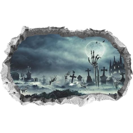 Décoration murale d'Halloween : autocollants représentant un cimetière hanté, un château, un squelette, un fantôme et des mains de sorcière. (1/5)
