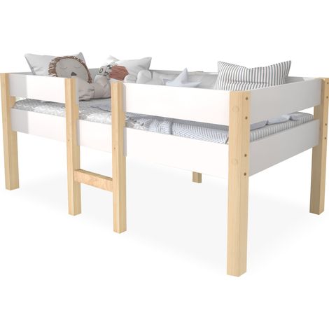 Lit mi-hauteur enfant en bois massif blanc 90x190 cm avec barrière anti-chute et sommier à lattes (1/5)