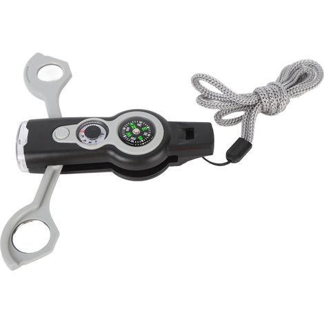7-in-1 Notfall-Überlebenspfeife mit LED-Licht, Thermometer und Kompass, multifunktional zum Wandern und Klettern, grau und weiß. (1/5)