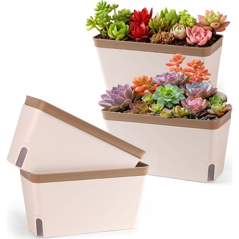 4 Pièces Pot de Fleurs à Arrosage Automatique, 27cm Plantes en Plastique, Rectangulaire Fleur de Jardin Pots à Bonsaï - avec Fenêtre de Niveau d'eau et Plateau Caché de Trou de Drainage (Brun) (1/5)