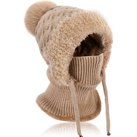 Bonnet d'hiver femme avec cache-cou et masque, doublé polaire, pompon, taille unique, kaki (1/5)
