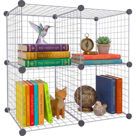 étagère modulaire à Cubes, 4 Cubes, DIY, HxLxP: 75x37x75 cm, Grille métallique, métal, Argent (1/5)
