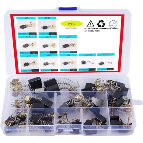 Lot de 40 balais de charbon de moteur pour outils électriques, 10 tailles, balais de charbon pour marteau perforateur, meuleuse d'angle, scie circulaire (1/5)