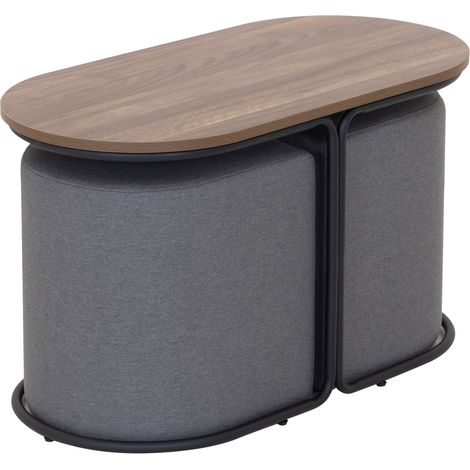 Mesa de café/centro DUNCAN con 2 asientos grises, tablero de melamina efecto nogal y estructura metálica negra (78 x 34 x 46 cm) - MOG CASA (1/5)