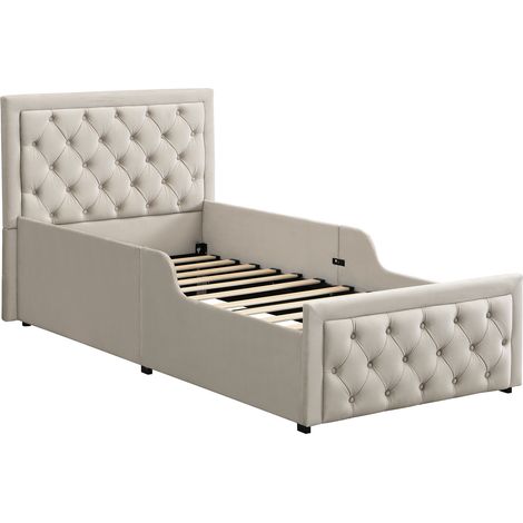 Lit rembourré, lit simple, lit enfant 90 x 200 cm, lit fonctionnel hydraulique, lit avec sommier à lattes, tête de lit et grand espace de rangement, tête de lit rembourrée, velours, beige